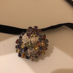 Vintage Handmade Genuine Mixed Gemstone 925 Sterling Silver Rhodium Brooch