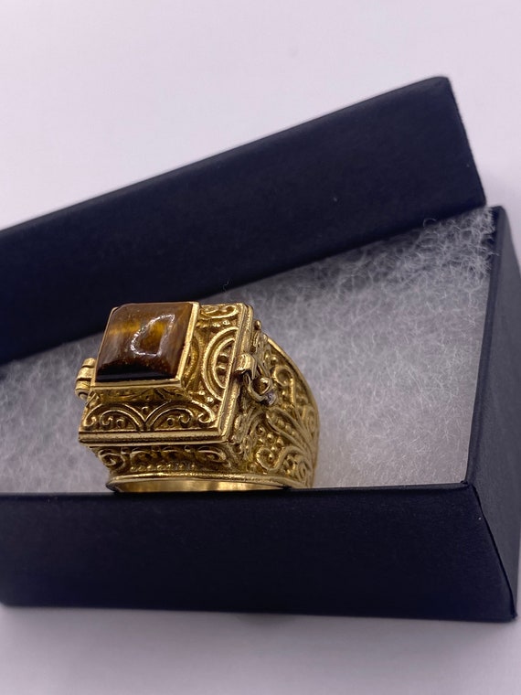 Vintage Gold Tigers Eye Brass Poison Pillbox Ring - image 2