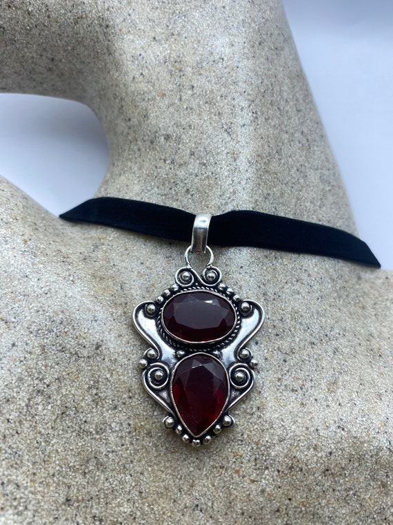 Vintage Ruby Glass Black Velvet Choker Necklace - image 1