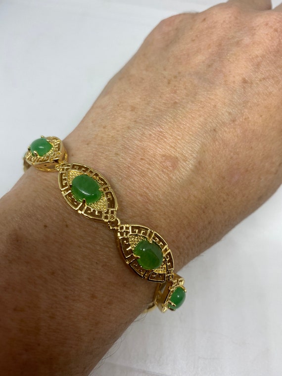 Vintage Green Jade Bracelet Golden White Bronze - image 7