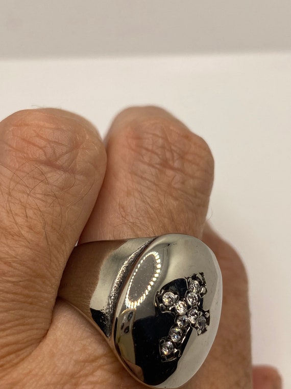 Vintage Gothic Cross Mens Ring Silver Stainless Steel Gem