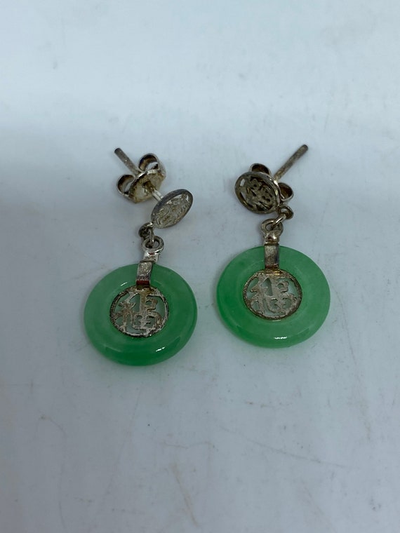Vintage Fun Green Jade Gemstone Silver Earrings - image 5