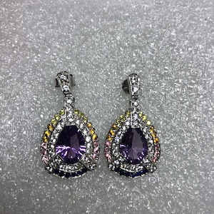 Vintage Handmade 925 Sterling Silver Purple Amethyst Deco Chandelier Earrings