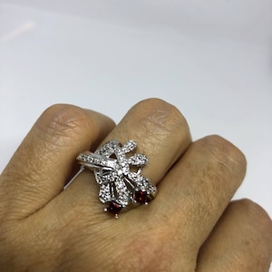 Vintage Bohemian Garnet White Sapphire  925 Sterling Silver  Ring