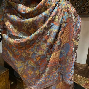 Vintage Brown Jamawar Paisley Butterfly Brocade Pashmina Scarf Wrap Shawl