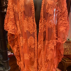 Lace Kimono Jacket Vintage Style Brunt Orange Embroidered Wrap