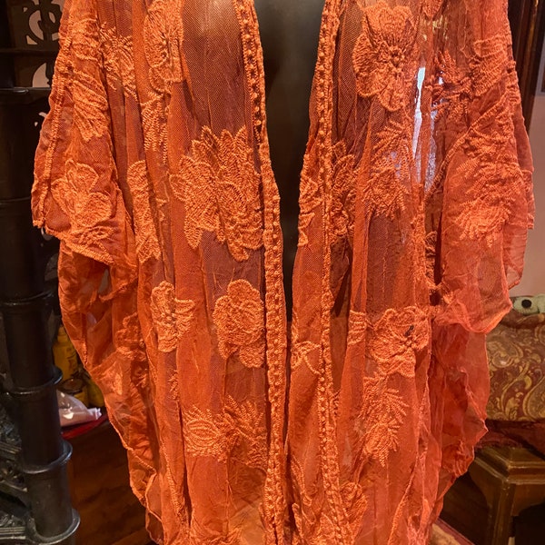 Lace Kimono Jacket Vintage Style Brunt Orange Embroidered Wrap