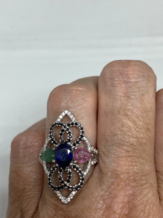 Vintage Green Emerald Ruby and Sapphire 925 Sterl… - image 6