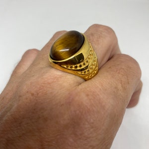 Vintage Golden Mens Ring Stainless Steel Genuine Tigers Eye Ring