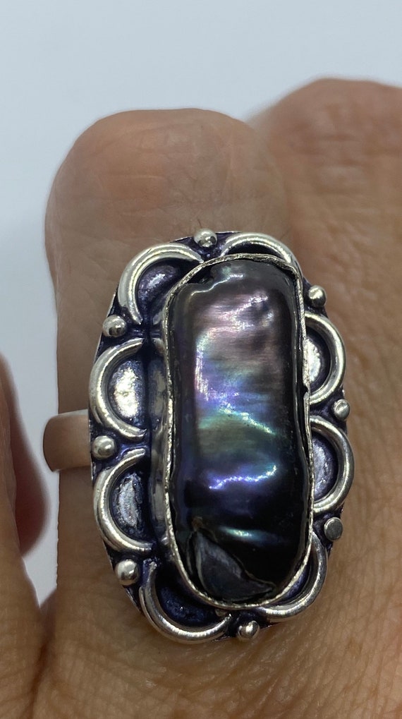 Antique Black Genuine Pearl Filigree Silver Ring