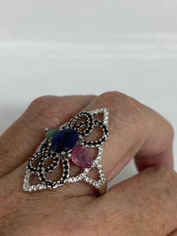 Vintage Green Emerald Ruby and Sapphire 925 Sterl… - image 2