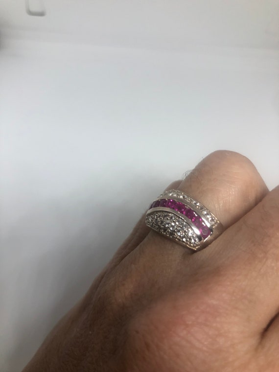 Vintage Pink Ruby 925 Sterling Silver Band Ring - image 6