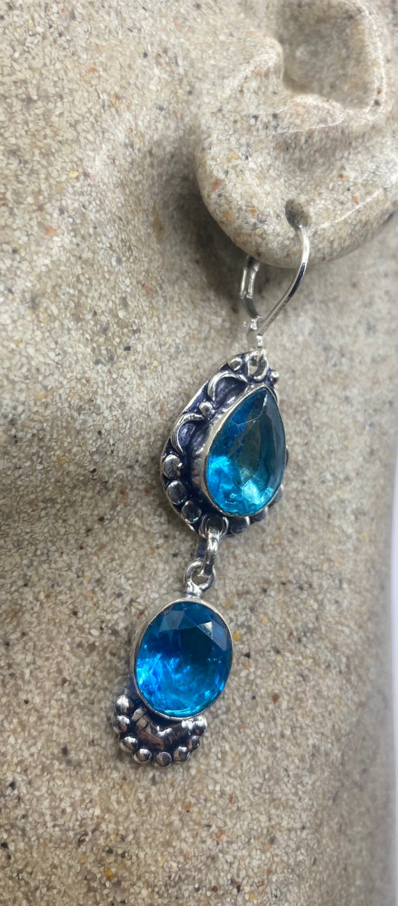 Vintage aqua Blue Glass Earrings 925 Sterling Silv