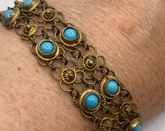 Vintage Turquoise Bracelet Gold Filigree 925 Sterling Silver