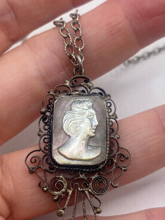 Vintage Mother of Pearl Cameo Sterling Silver Nec… - image 6