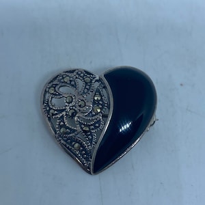 Vintage Black Onyx Pin Marcasite 925 Sterling Silver Brooch