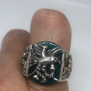 Vintage Green Onyx Eagle with Snake 925 Sterling Silver Ring