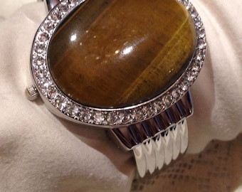Reloj vintage con pulsera de piedras preciosas de ojo de tigre
