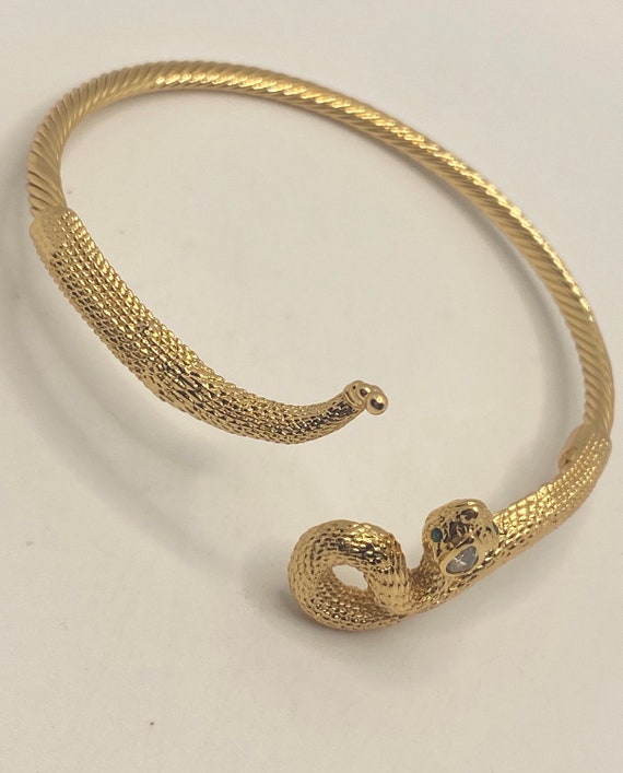 Vintage Snake Bangle Bracelet Gold Filled Green C… - image 4