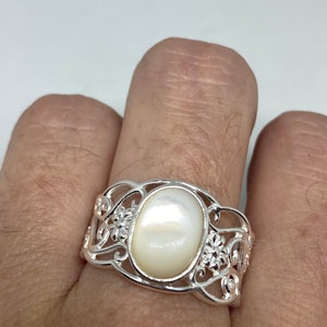 Antique White Mother of Pearl Filigree Sterling Silver Ring