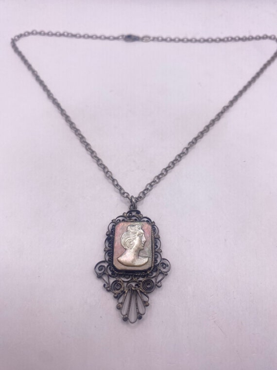 Vintage Mother of Pearl Cameo Sterling Silver Nec… - image 3