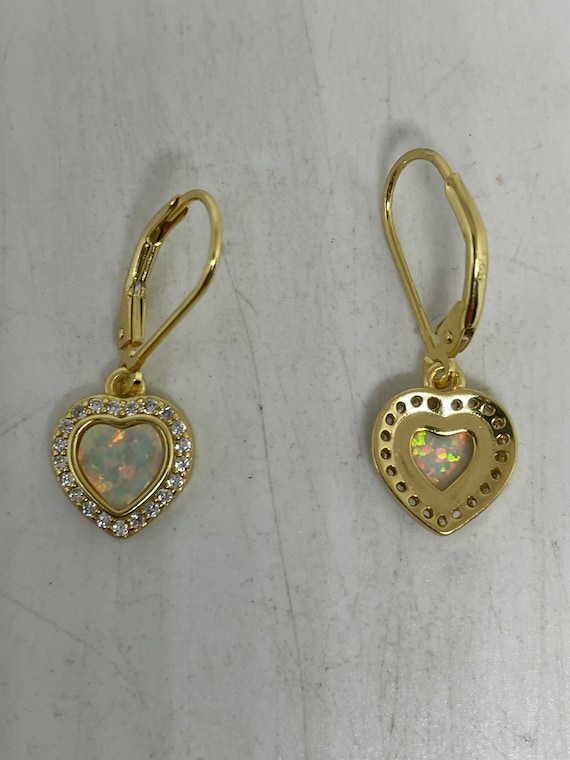 Vintage White Opal Heart Earrings Golden 925 Ster… - image 2