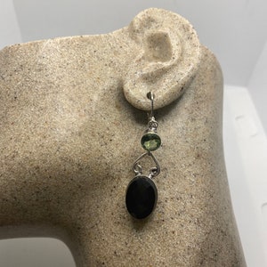 Vintage Black Onyx Green Peridot Earrings 925 Sterling Silver Deco Dangle Chandelier