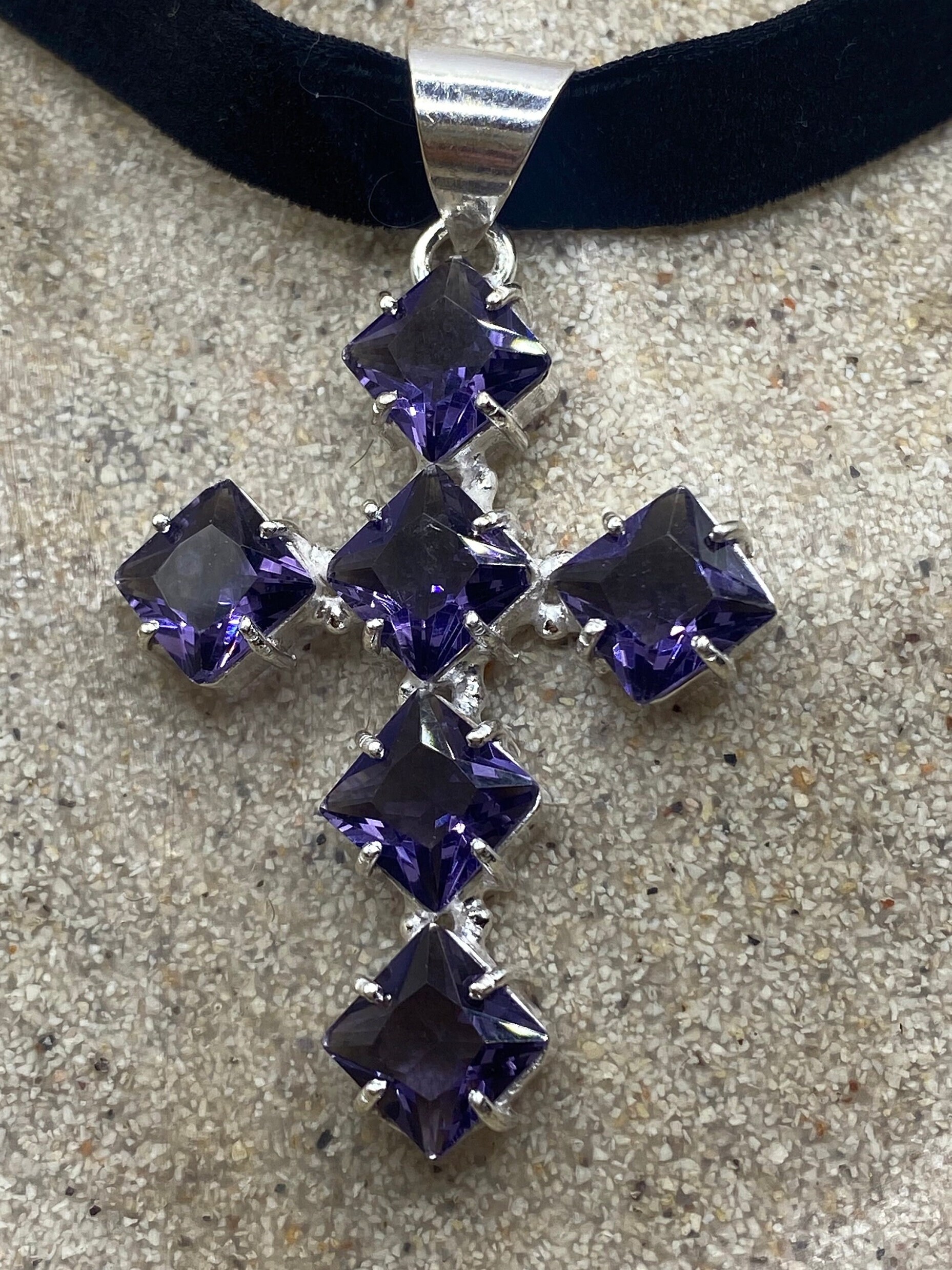Vintage Purple Amethyst Glass Cross Choker Necklace