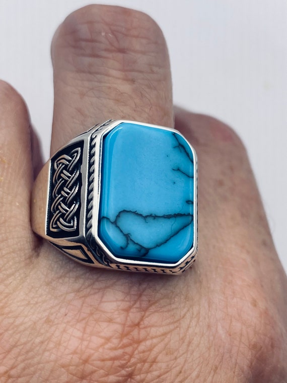 Vintage Turquoise Mens Ring in 925 Sterling Silver Gem