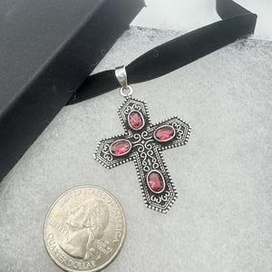 large handmade vintage Gothic Ruby glass Silver bronze pendant black velvet choker