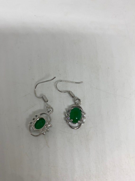 Vintage Fun Green Jade Gemstone Silver Bronze Ear… - image 4