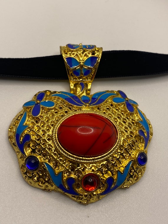 Vintage Cloisonné Choker Pendant Necklace Golden … - image 5