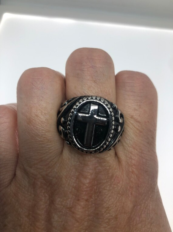 Vintage Gothic Cross Mens Ring Silver Stainless Steel Gem