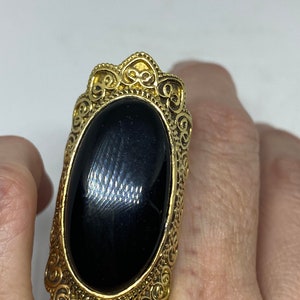 Vintage Genuine Black Onyx Golden Bronx Ring Size 8.5 Adjustable