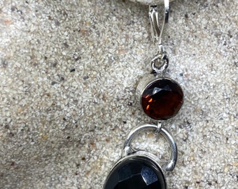 Vintage Black Earring Onyx and Garnet 925 Sterling Silver Deco Dangle Chandelier