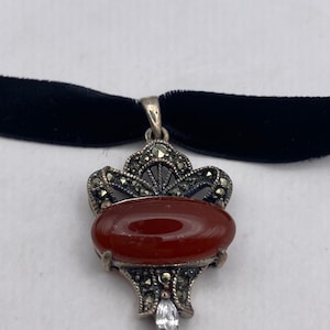 Vintage Marcasite Carnelian Choker 925 Sterling Silver Flower Necklace