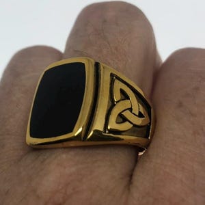 Vintage Celtic Black Onyx Golden Stainless Steel Mens Ring