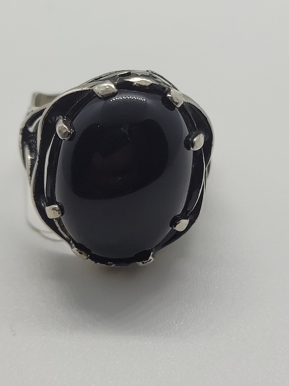 Vintage Black Onyx Mens Ring in 925 Sterling Silv… - image 1