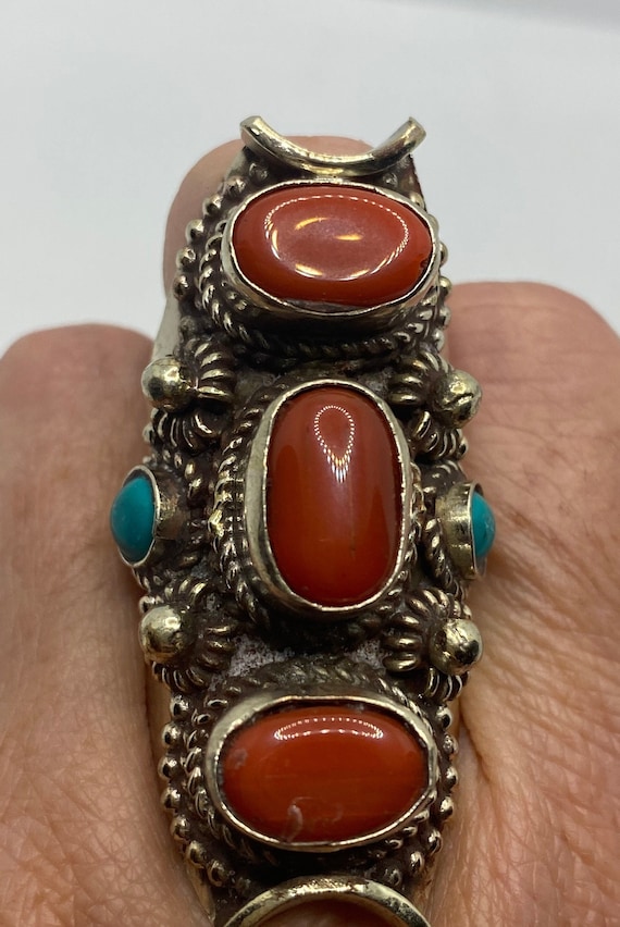 Vintage Red  Turquoise Tribal Brass Antique Ring - image 1