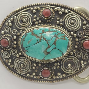 Vintage Tibetian Turquoise and Red  Beaded Belt Buckle