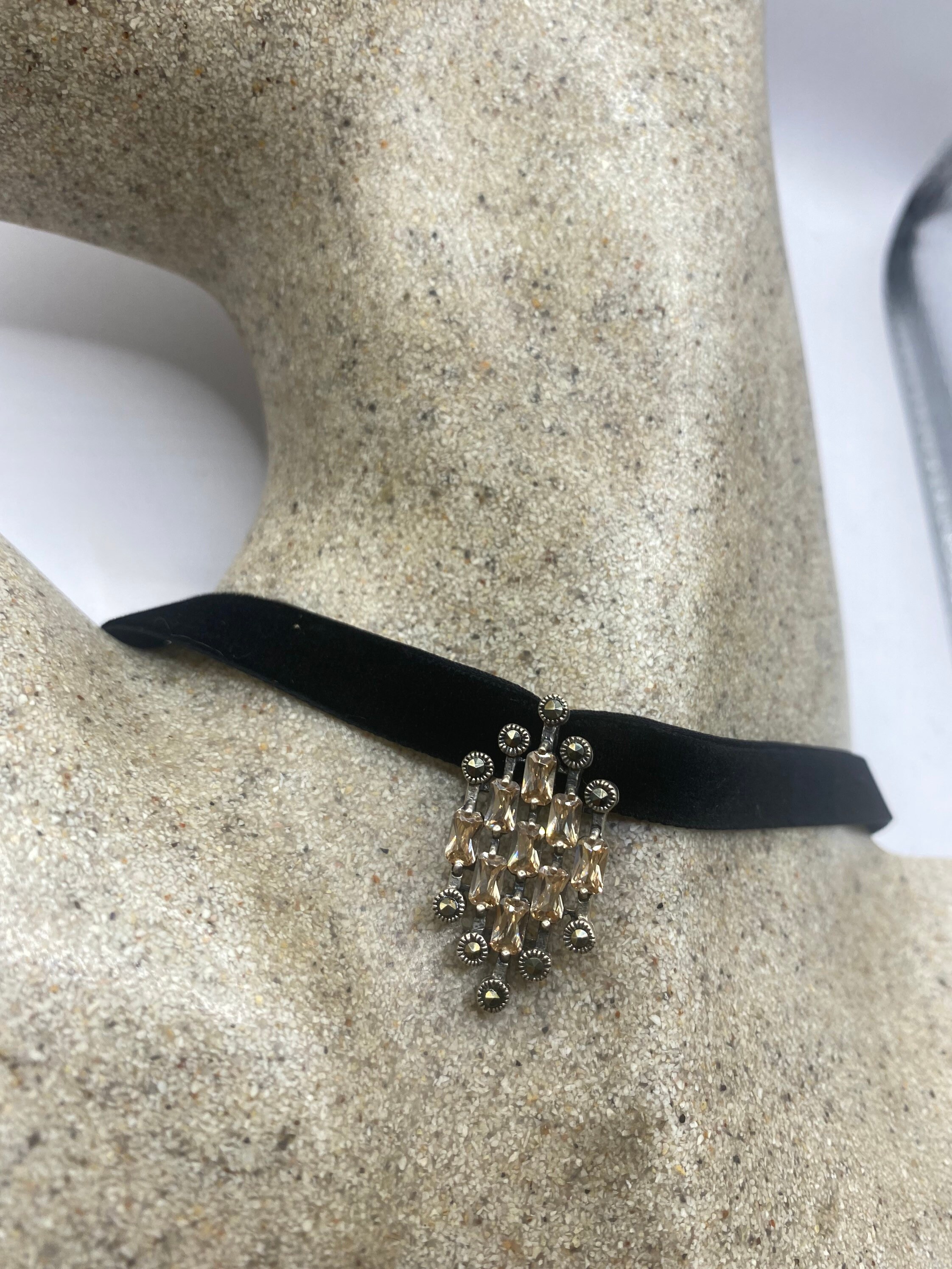 Collier Argent 925 Vintage Avec Marcassites & Pendentif Ambre - Ancien En TBE