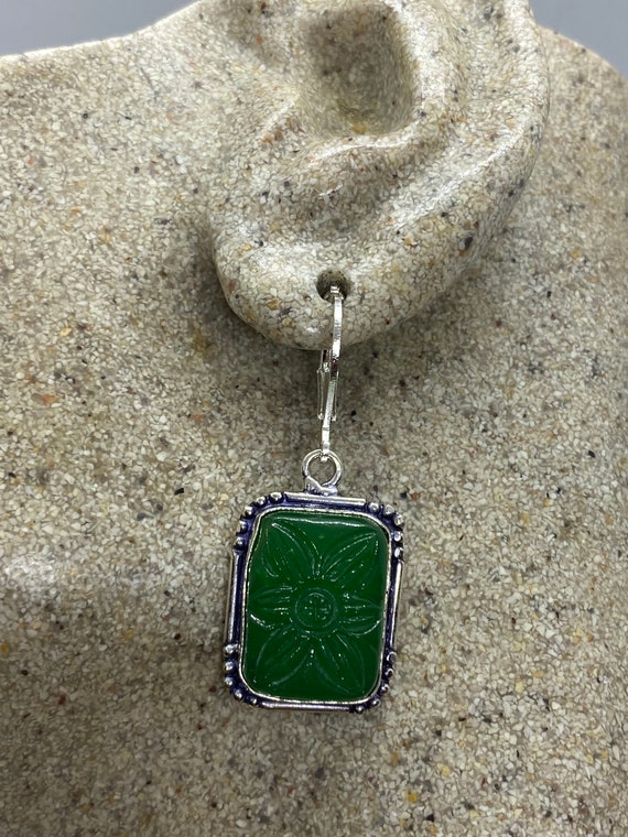 Antique Vintage Green Chrysoprase Silver Dangle E… - image 2