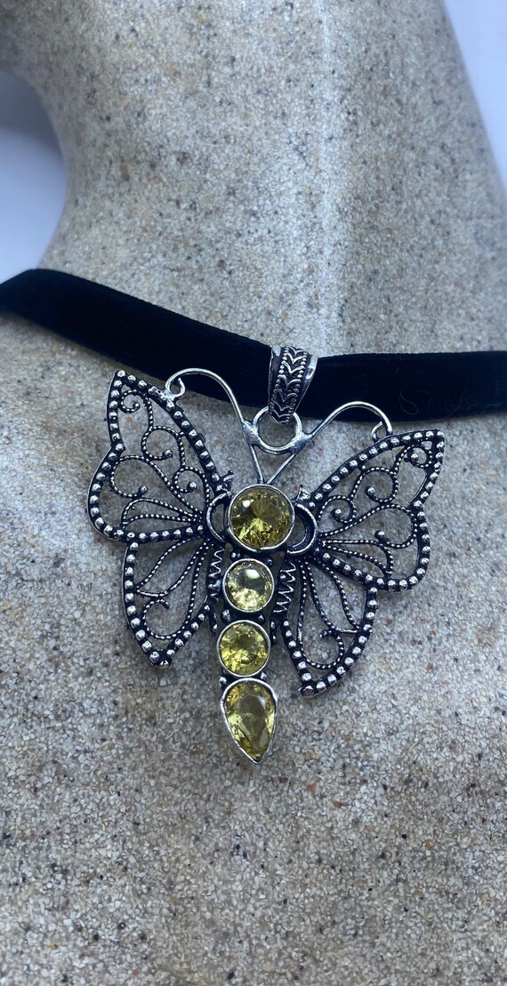 Vintage Silver Golden Citrine Dragonfly Choker Black Velvet  display picture 2