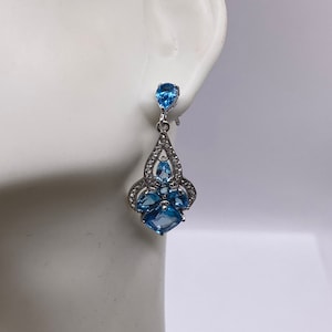 Vintage Blue Topaz Gemstone 925 Sterling Silver Dangle Earrings