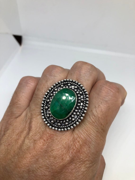 Antique Green Emerald white bronze silver ring