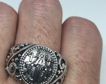 Vintage 925 Saint Mary Amulet Sterling Silver Antiqued Ring