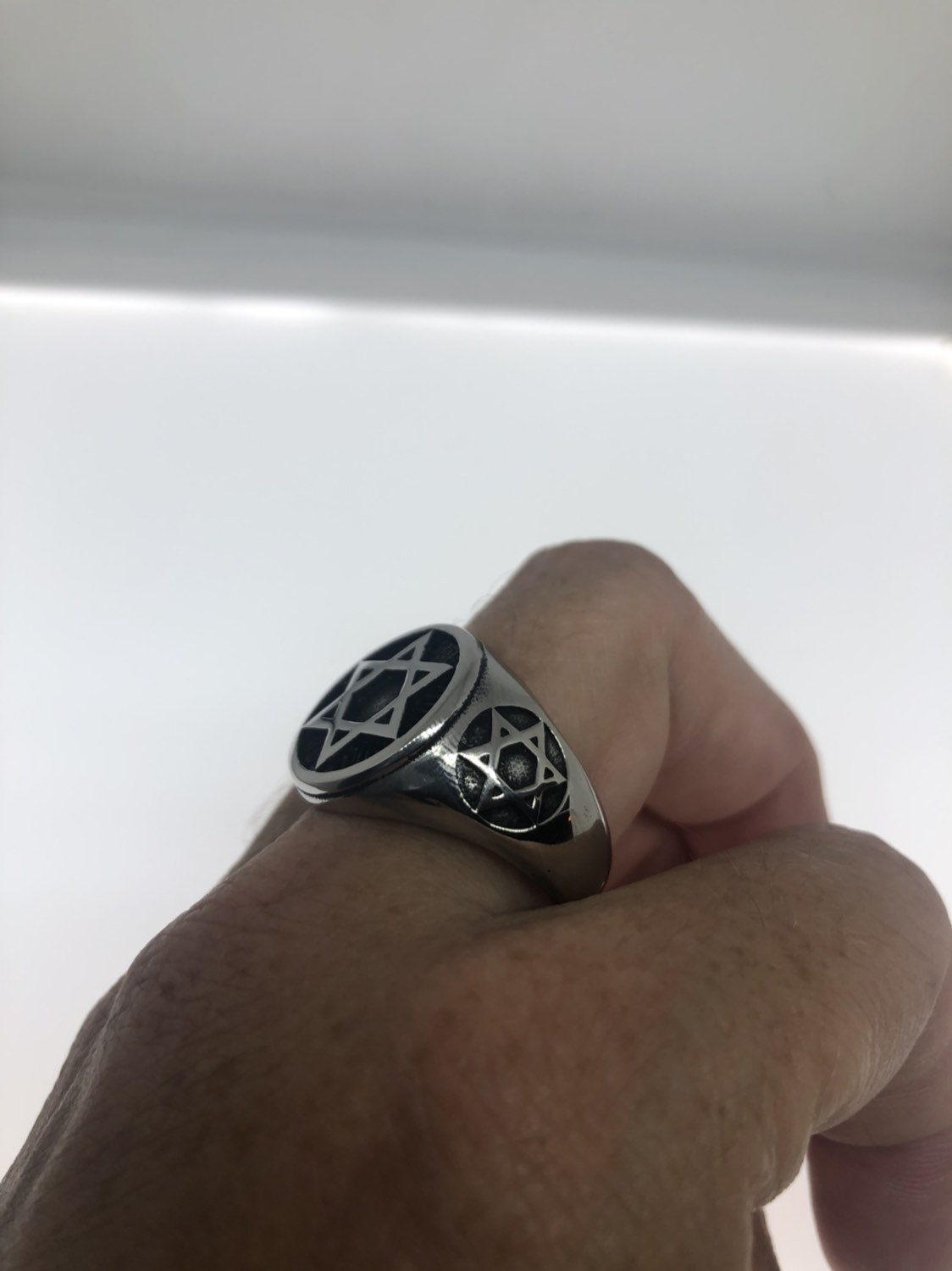 JAJAFOOK Men's Stainless Steel Cubic Zirconia Ring - Vintage Star Of David Design, Black Silver