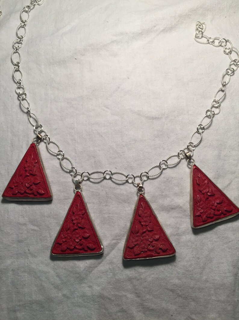 Vintage Handmade carved Cinnabar lacquer Silver Pendant