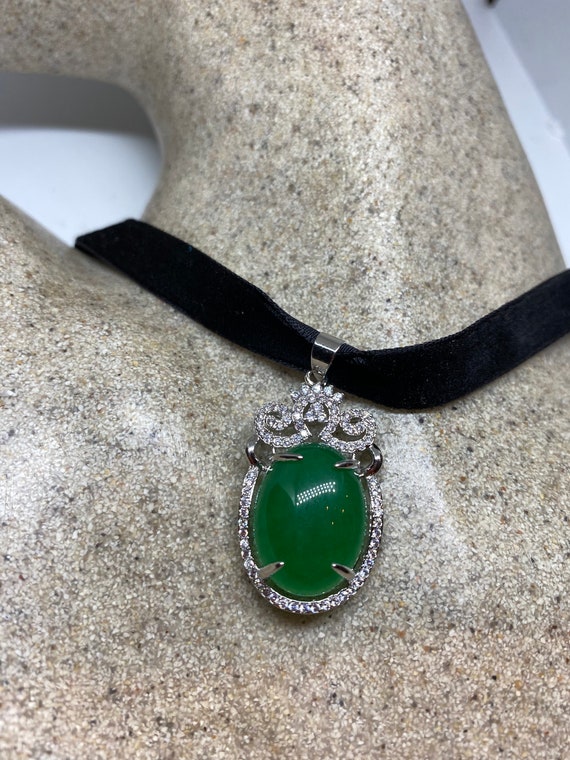 Vintage Green Jade Choker  Silver Finish Necklace… - image 2