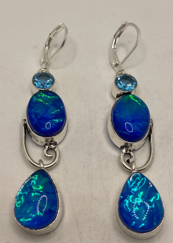 Vintage Blue Butterfly Wing Glass Earrings 925 St… - image 1
